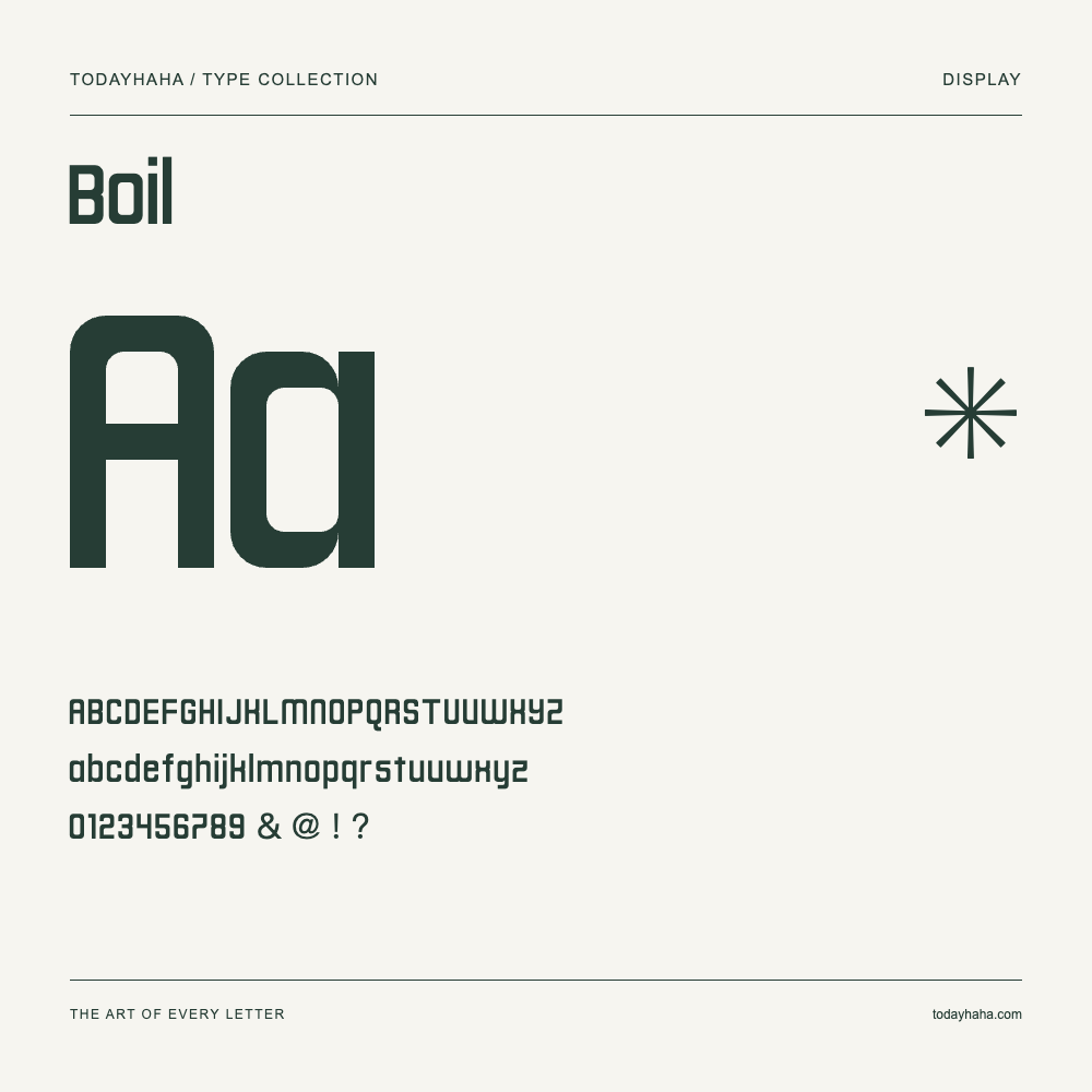Boil — Schriftmuster mit Großbuchstaben, Kleinbuchstaben und Ziffern