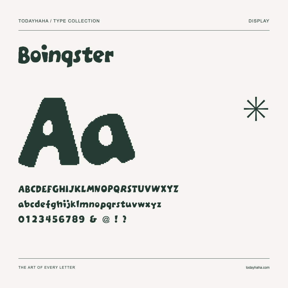 Boinqster — Font specimen with uppercase and lowercase letters and numbers