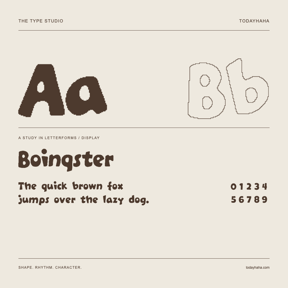 Boinqster — Letterform study with sample sentence and numbers
