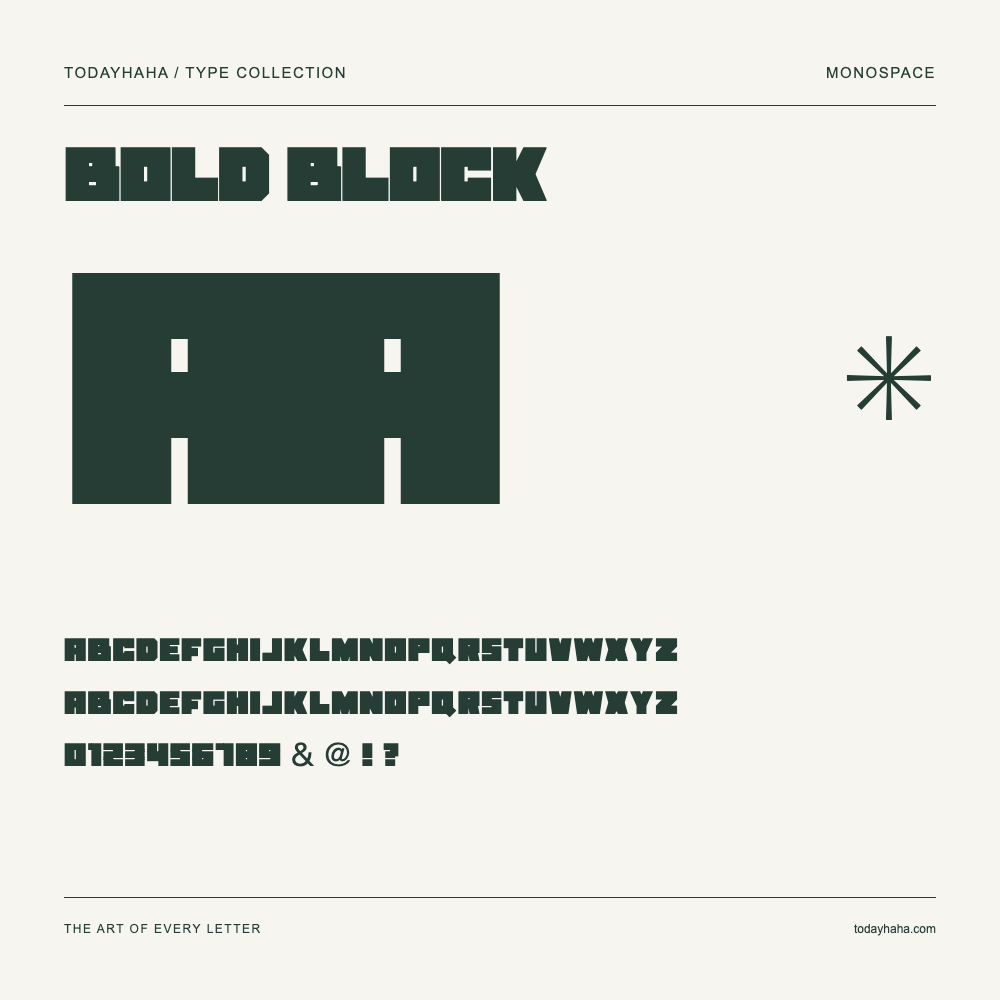 Bold Block — Schriftmuster mit Großbuchstaben, Kleinbuchstaben und Ziffern