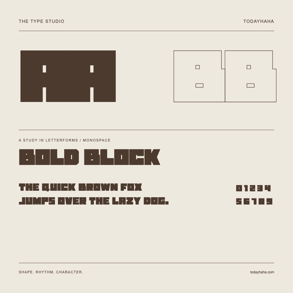 Bold Block — Buchstabenstudie mit Beispielsatz und Ziffern