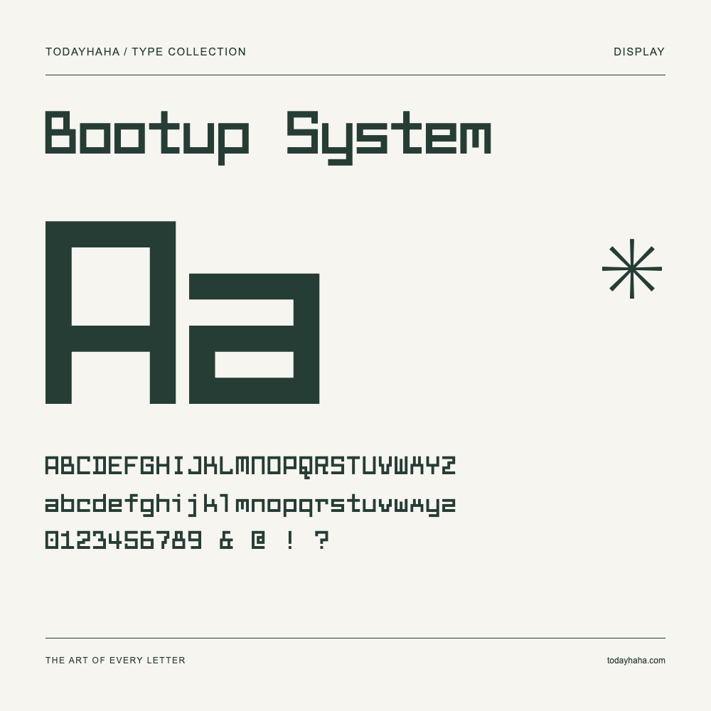 Bootup System — Schriftmuster mit Großbuchstaben, Kleinbuchstaben und Ziffern