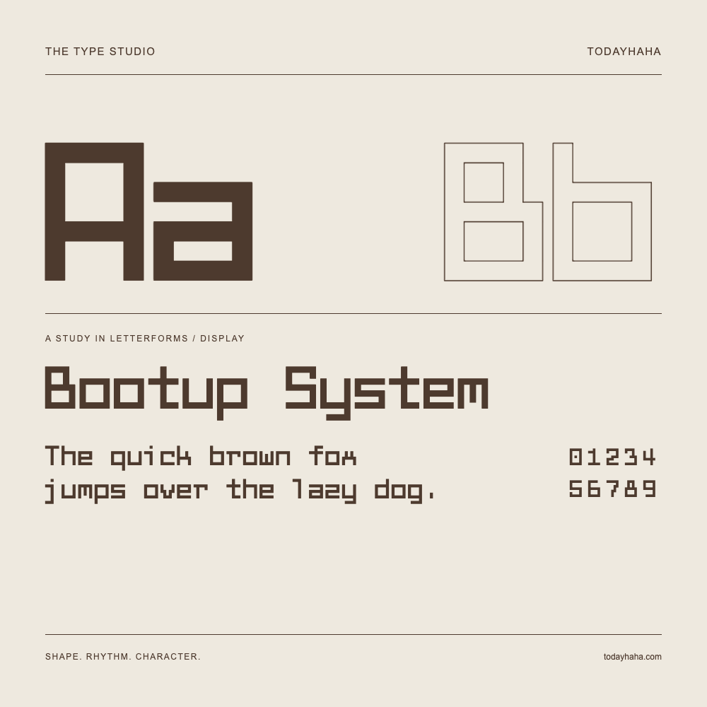 Bootup System — Buchstabenstudie mit Beispielsatz und Ziffern