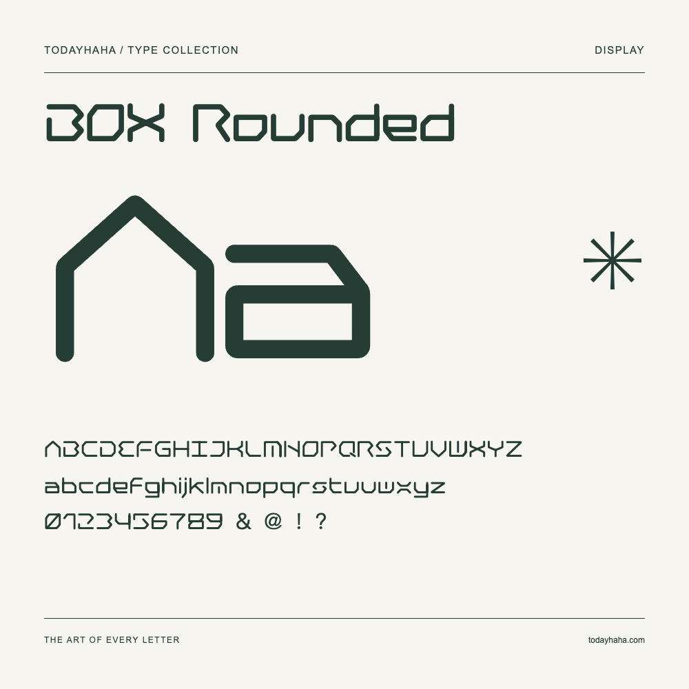 BOX Rounded — Schriftmuster mit Großbuchstaben, Kleinbuchstaben und Ziffern