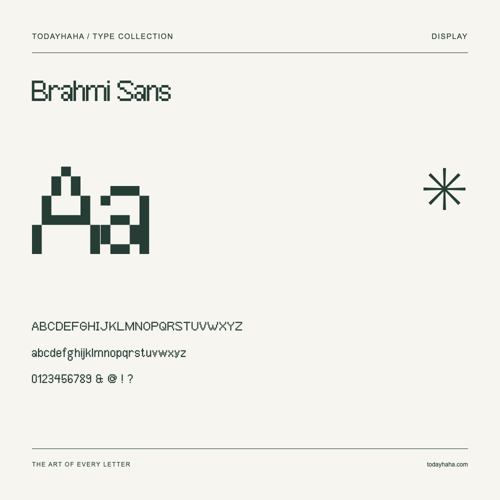 Brahmi Sans — Schriftmuster mit Großbuchstaben, Kleinbuchstaben und Ziffern