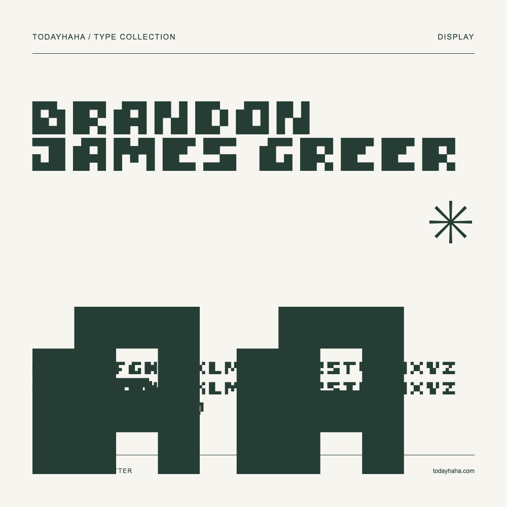 Brandon James Greer — Font specimen with uppercase and lowercase letters and numbers