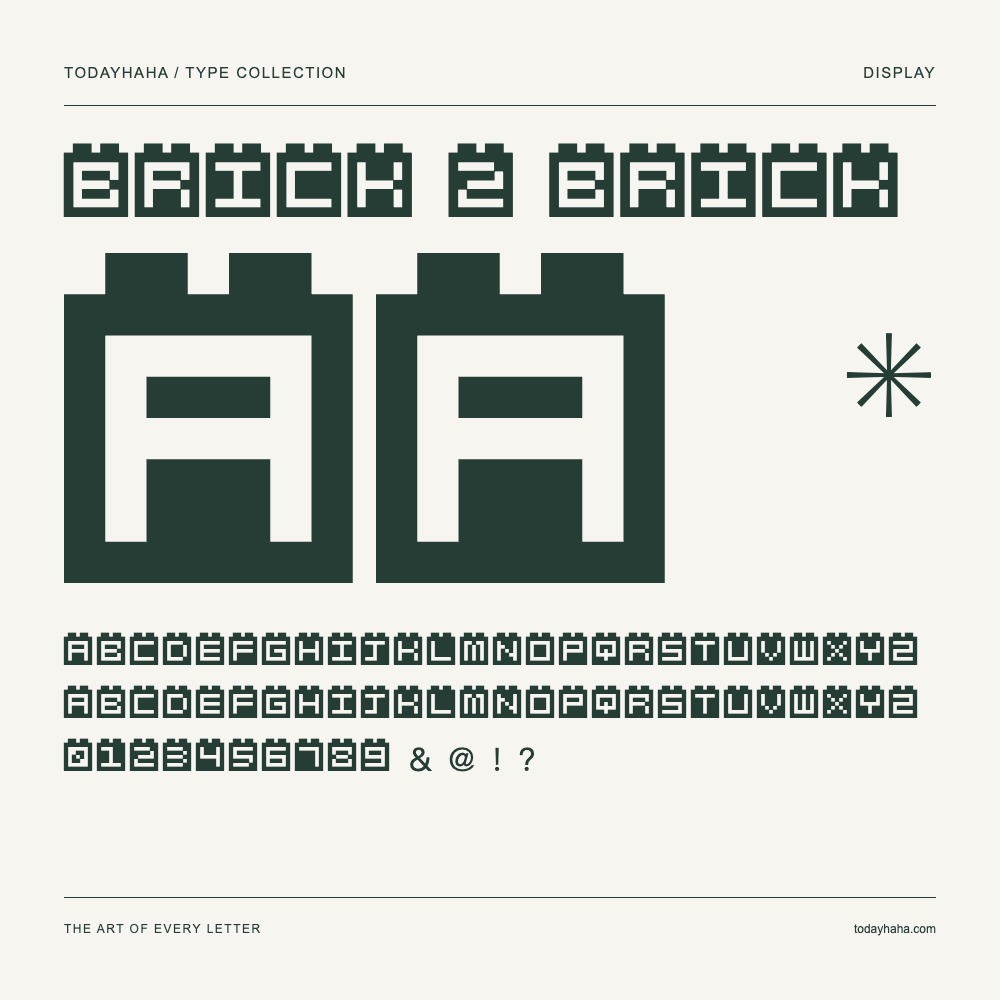 Brick 2 Brick — Schriftmuster mit Großbuchstaben, Kleinbuchstaben und Ziffern