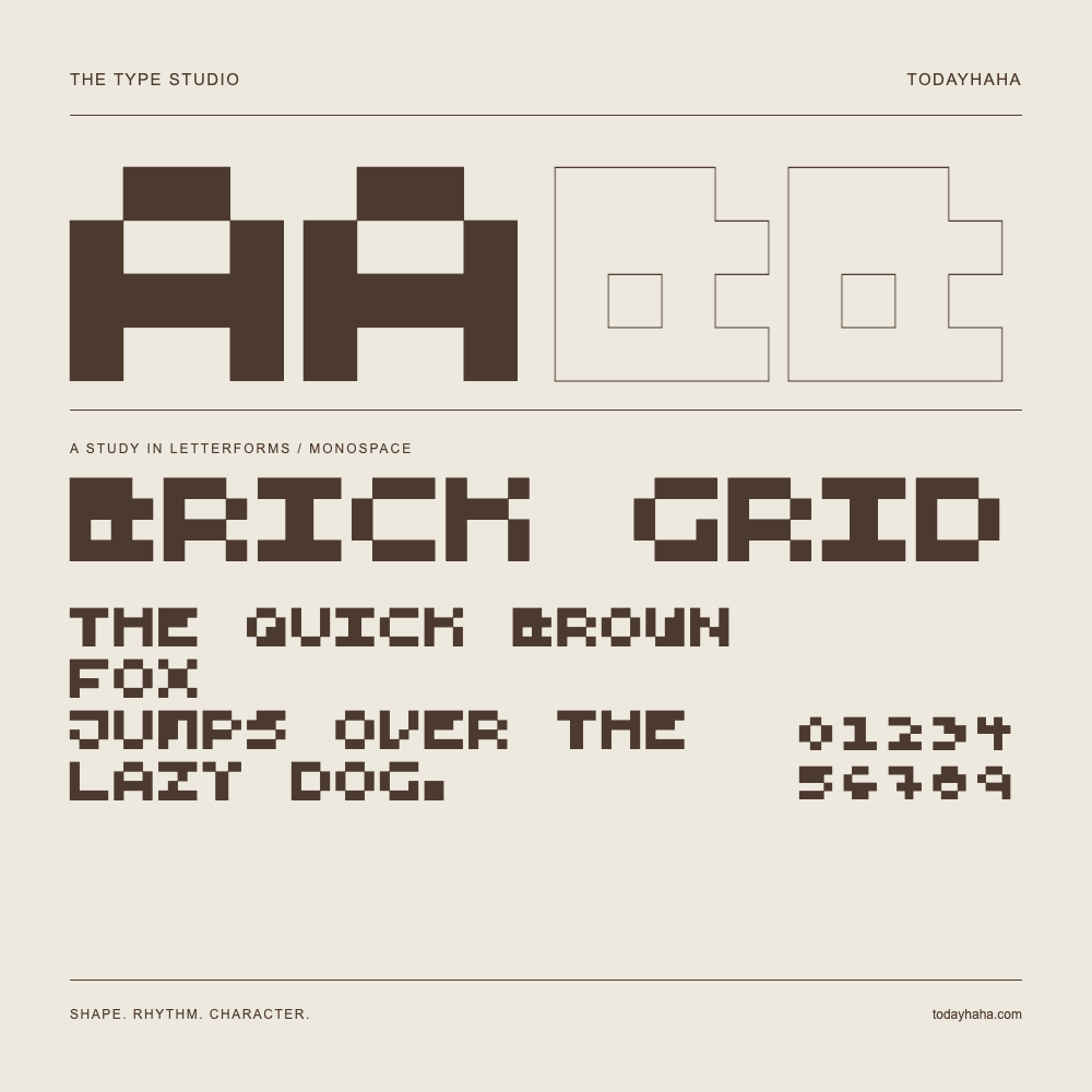 Brick Grid — Buchstabenstudie mit Beispielsatz und Ziffern