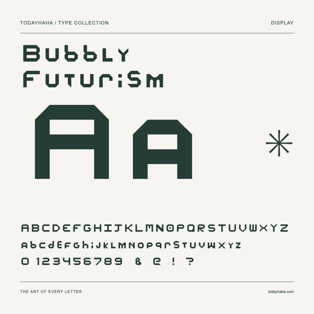 Bubbly Futurism — Font specimen with uppercase and lowercase letters and numbers