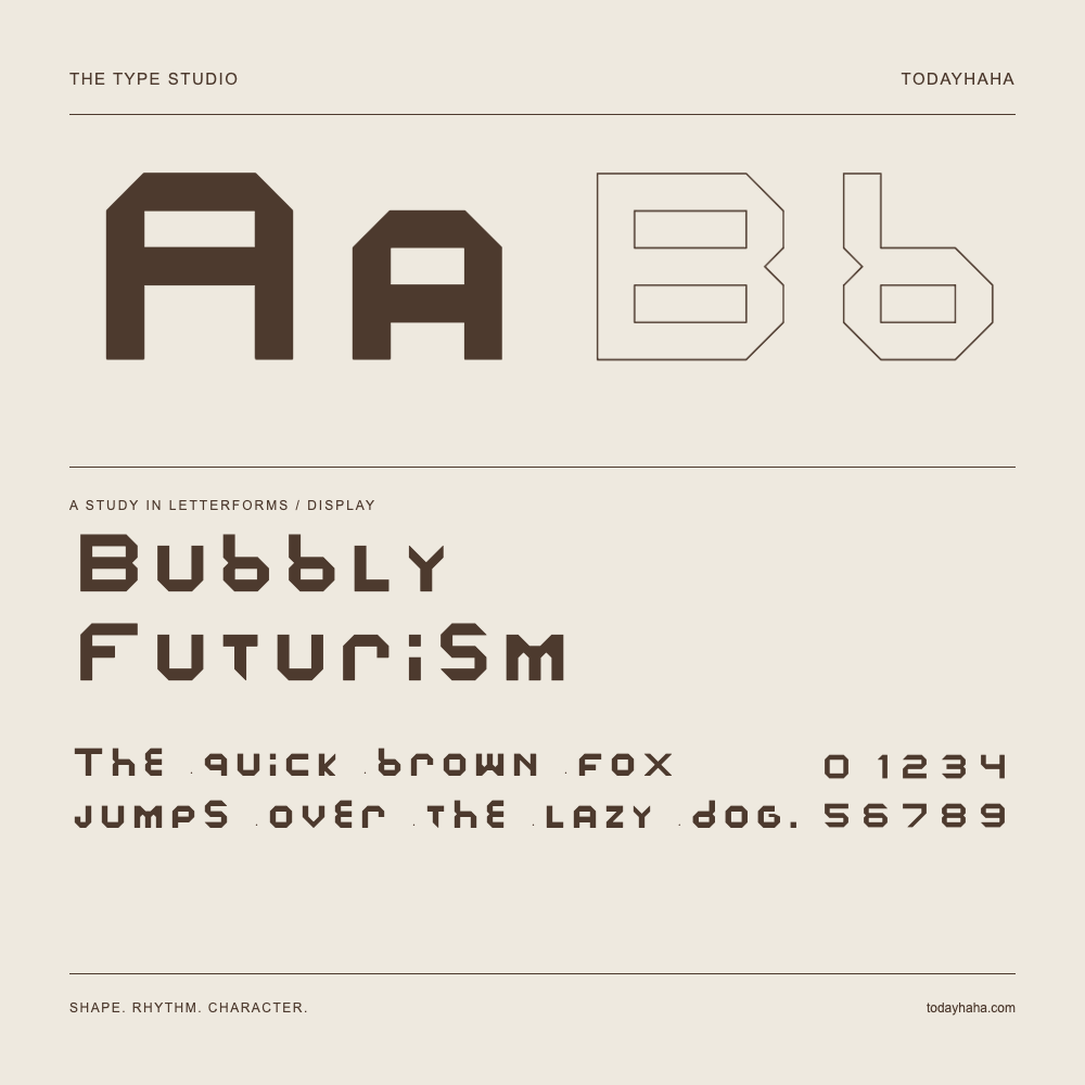 Bubbly Futurism — Letterform study with sample sentence and numbers