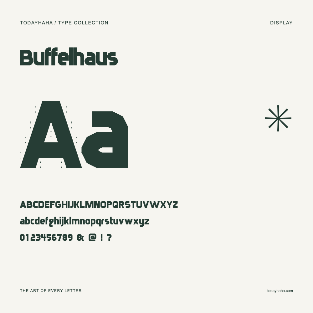 Buffelhaus — Spécimen avec majuscules, minuscules et chiffres