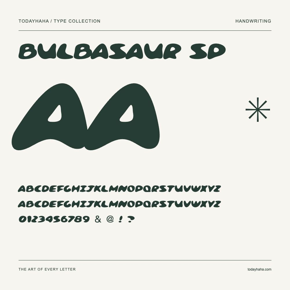 Bulbasaur SP — Font specimen with uppercase and lowercase letters and numbers