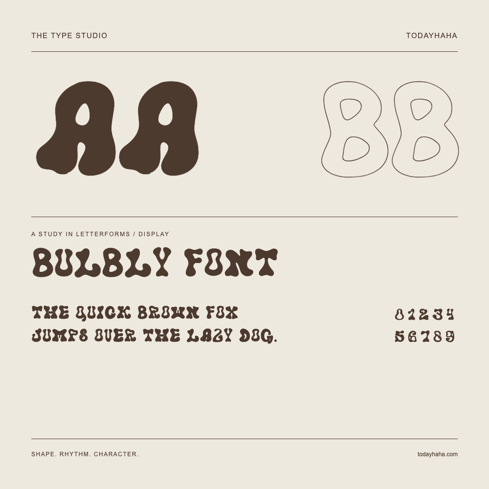 Bulbly Font — Buchstabenstudie mit Beispielsatz und Ziffern