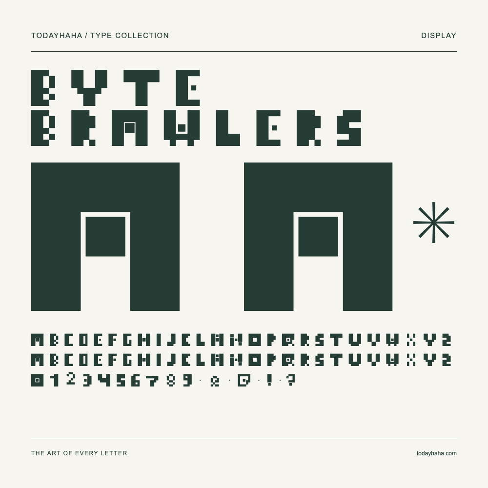 Byte Brawlers — Font specimen with uppercase and lowercase letters and numbers