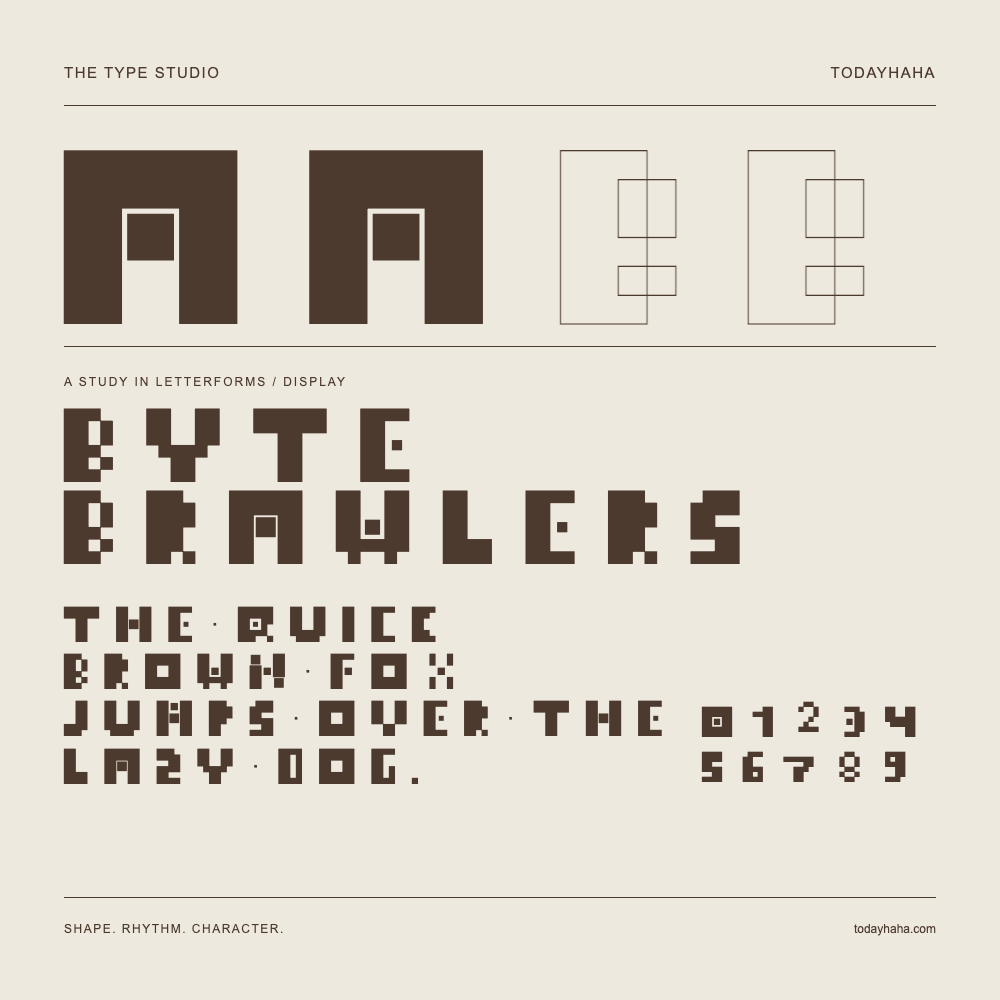 Byte Brawlers — Letterform study with sample sentence and numbers