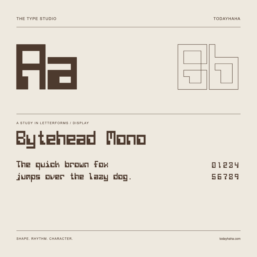 Bytehead Mono — Buchstabenstudie mit Beispielsatz und Ziffern