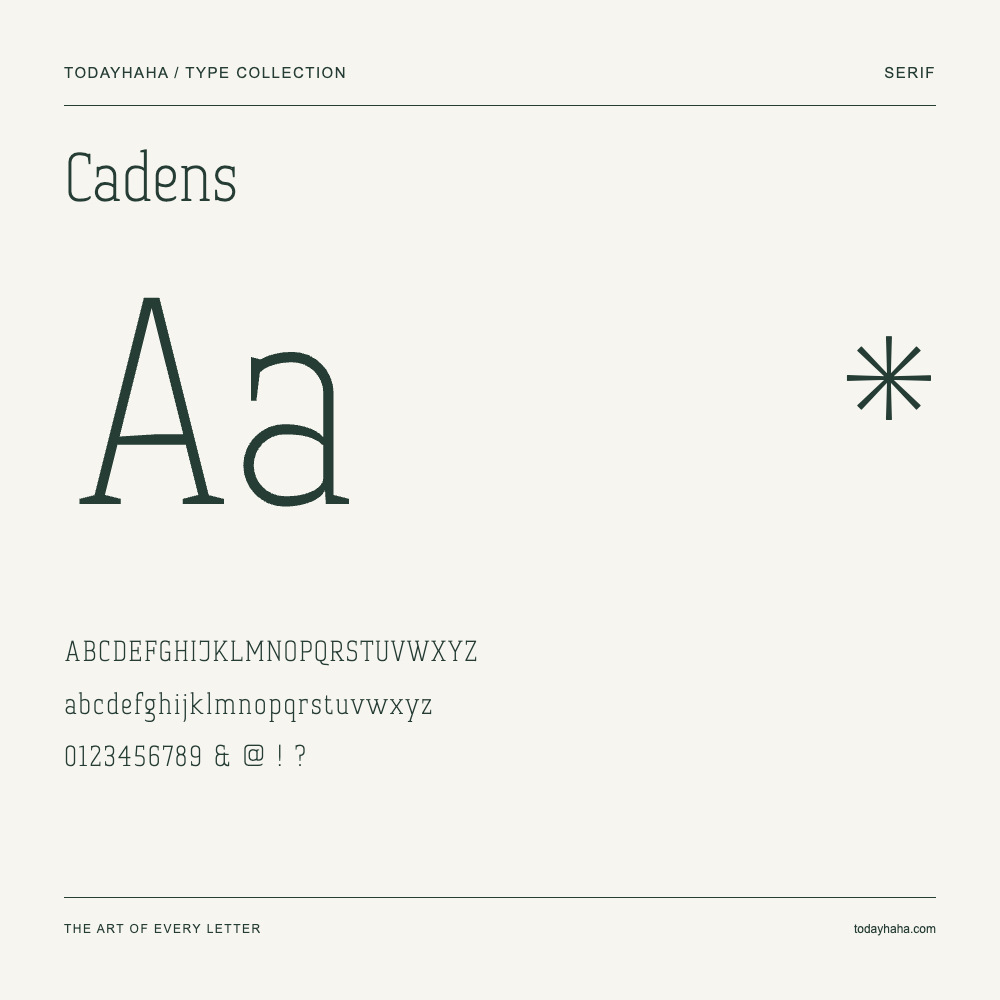 Cadens — Font specimen with uppercase and lowercase letters and numbers