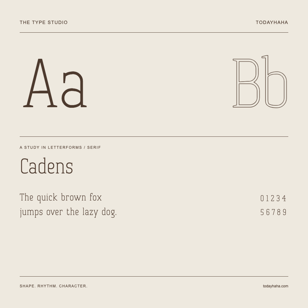 Cadens — Letterform study with sample sentence and numbers