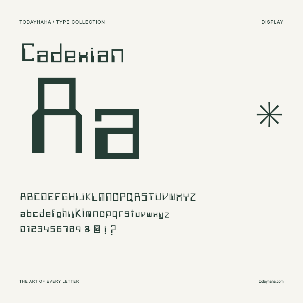 Cadexian — Schriftmuster mit Großbuchstaben, Kleinbuchstaben und Ziffern
