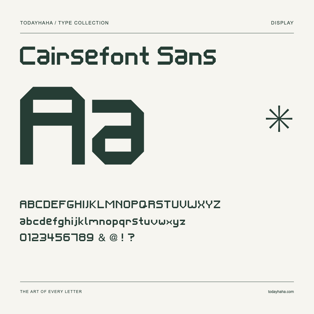Cairsefont Sans — Schriftmuster mit Großbuchstaben, Kleinbuchstaben und Ziffern