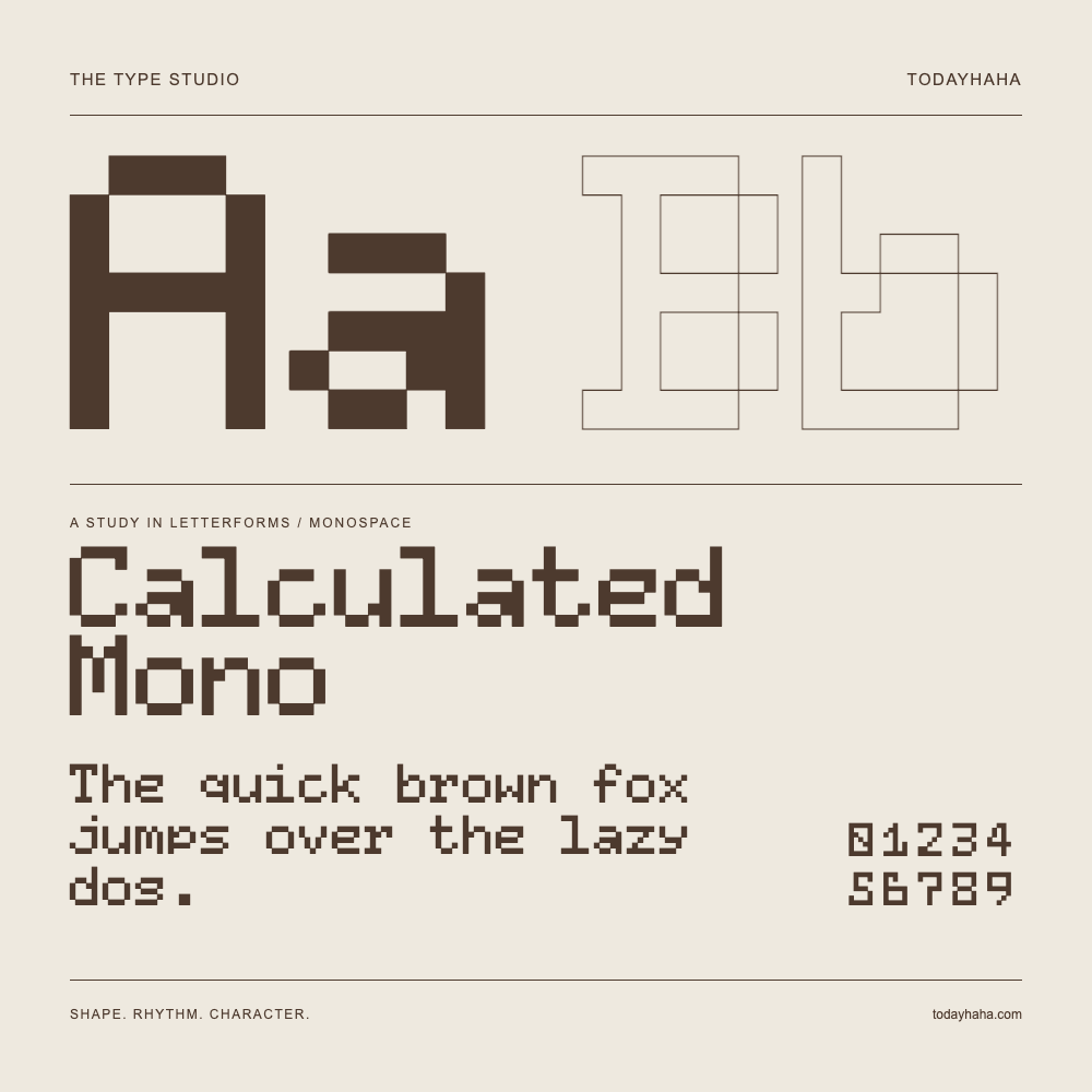 Calculated Mono — Buchstabenstudie mit Beispielsatz und Ziffern