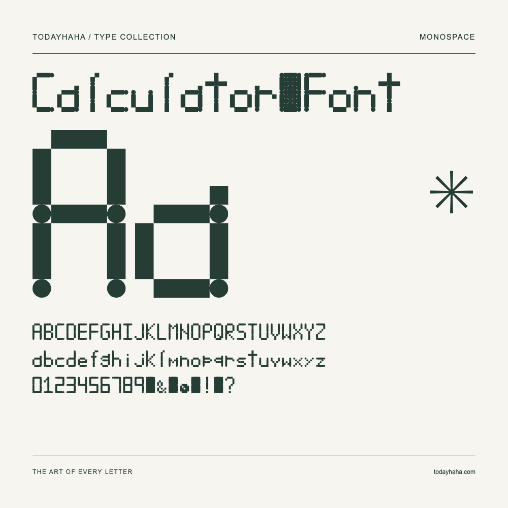 Calculator Font — Font specimen with uppercase and lowercase letters and numbers