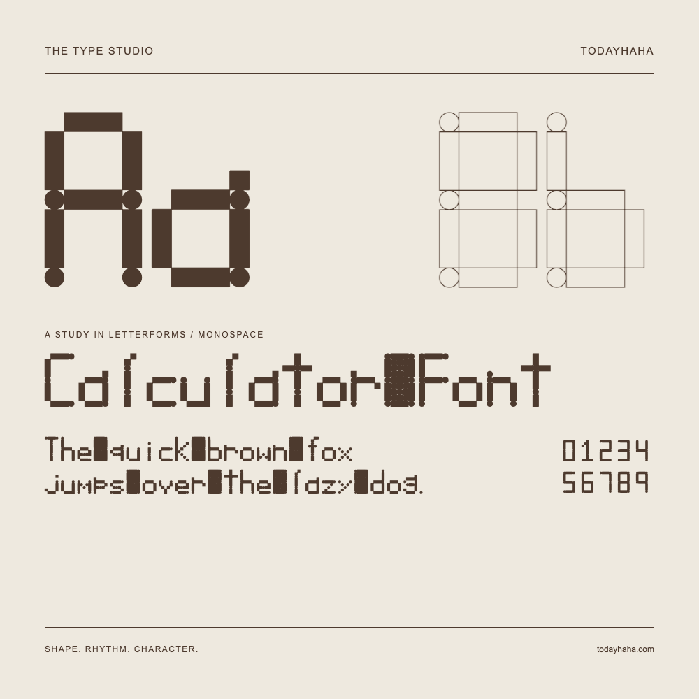 Calculator Font — Letterform study with sample sentence and numbers