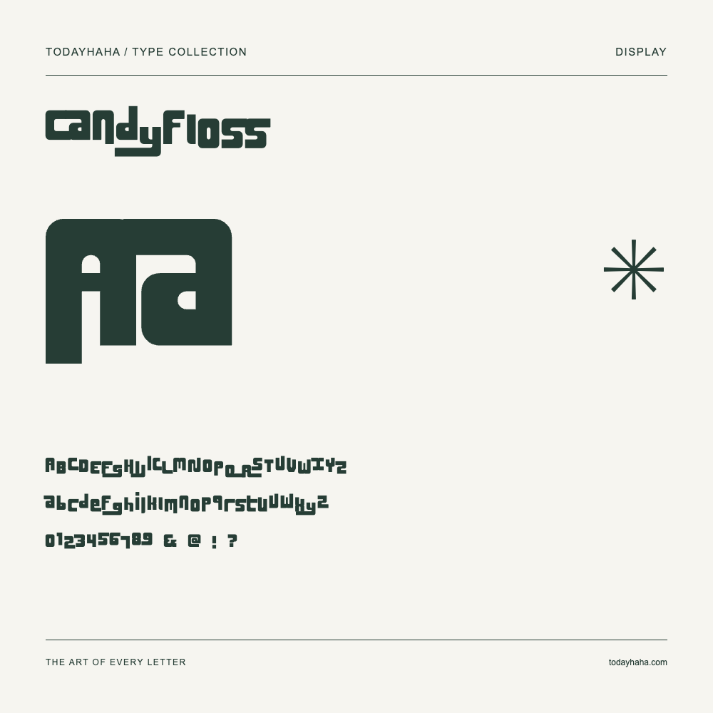 Candyfloss — Font specimen with uppercase and lowercase letters and numbers