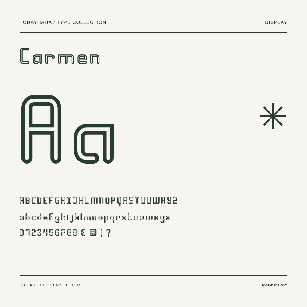 Carmen — Font specimen with uppercase and lowercase letters and numbers