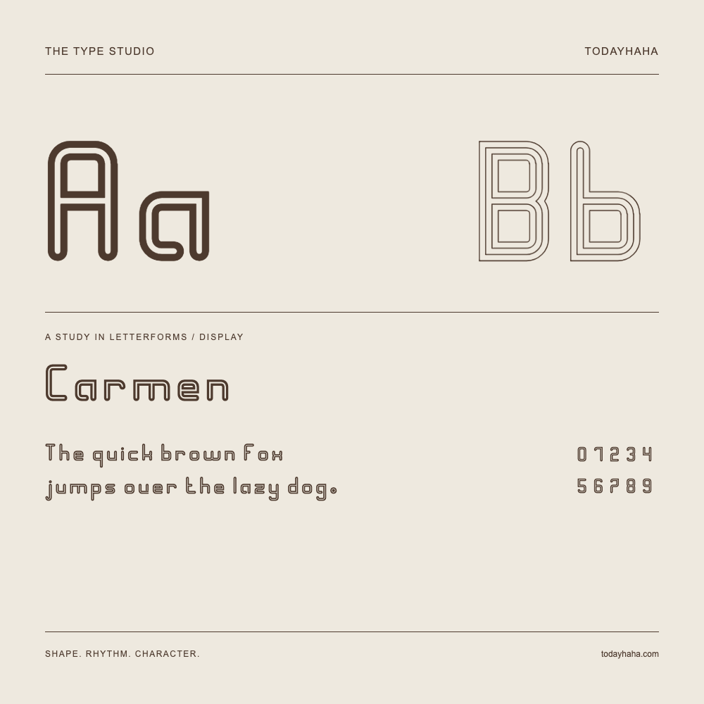 Carmen — Letterform study with sample sentence and numbers
