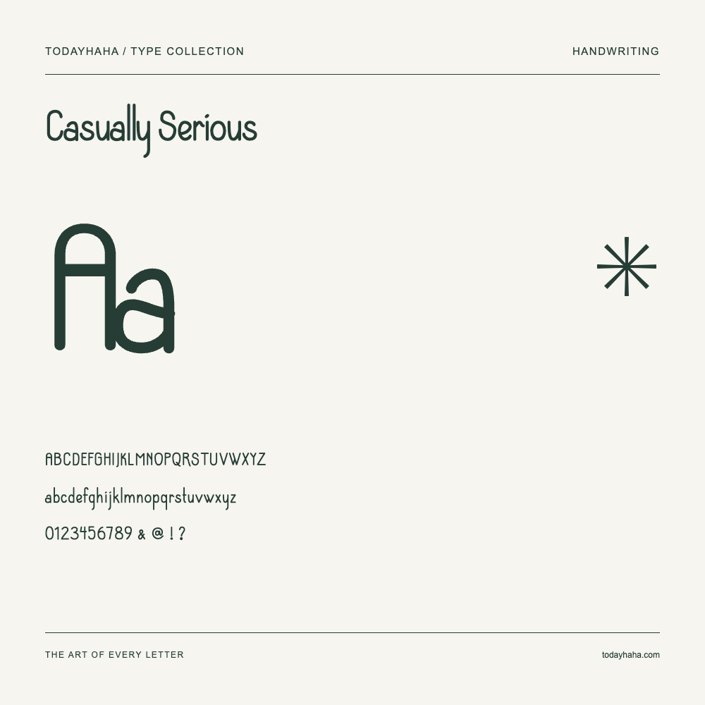 Casually Serious — Font specimen with uppercase and lowercase letters and numbers