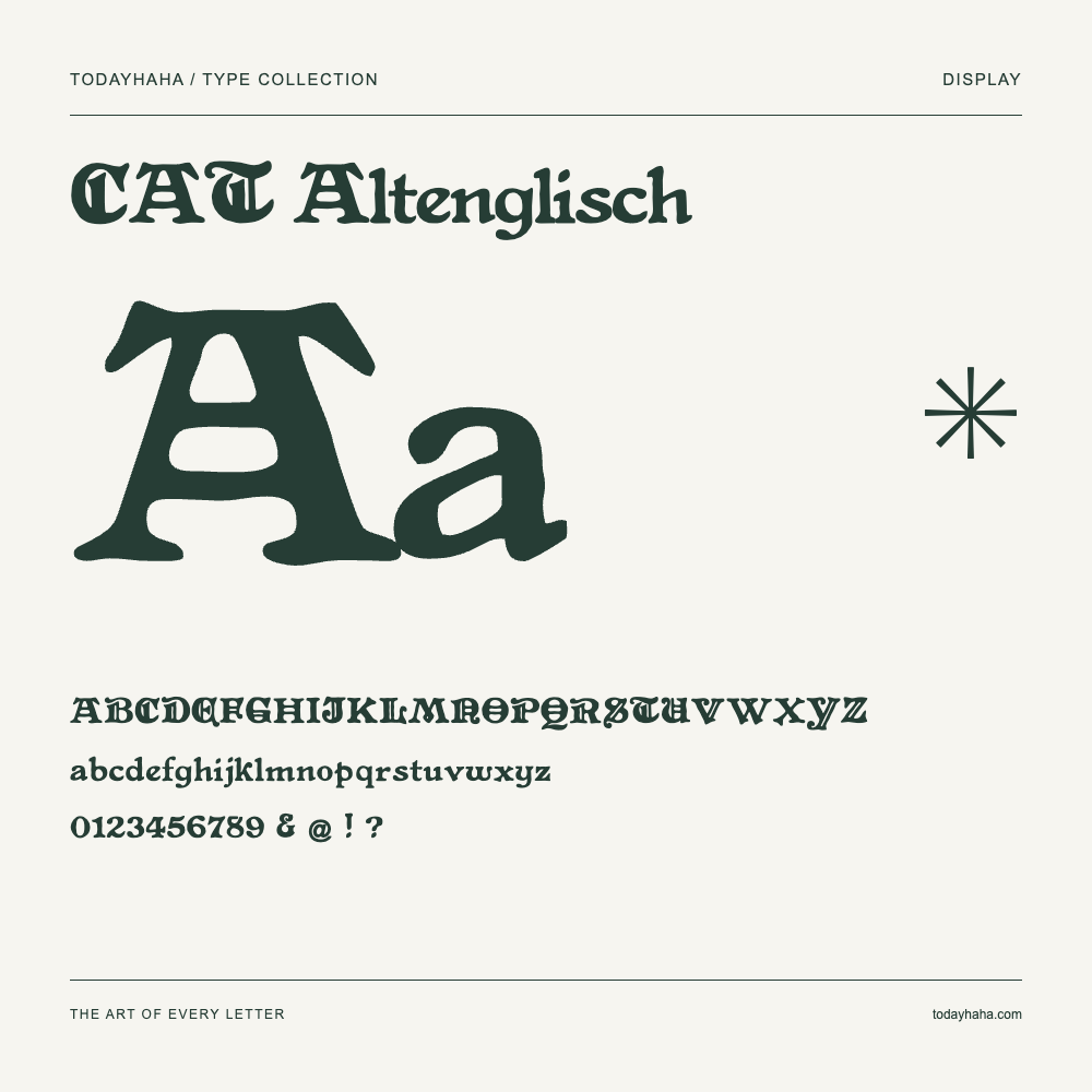 CAT Altenglisch — Schriftmuster mit Großbuchstaben, Kleinbuchstaben und Ziffern
