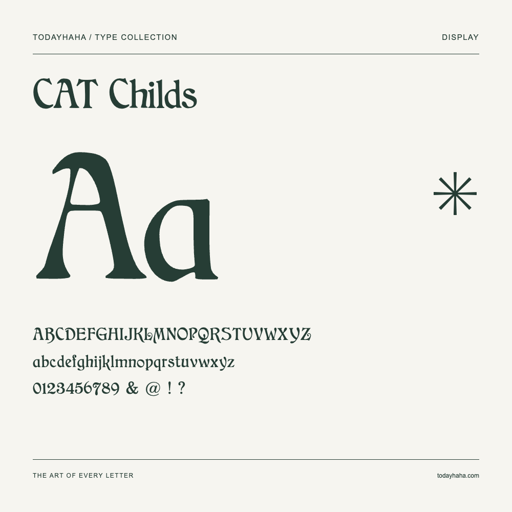 CAT Childs — Schriftmuster mit Großbuchstaben, Kleinbuchstaben und Ziffern