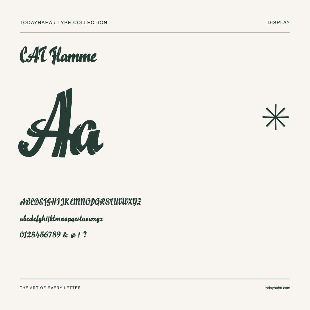 CAT Flamme — Font specimen with uppercase and lowercase letters and numbers
