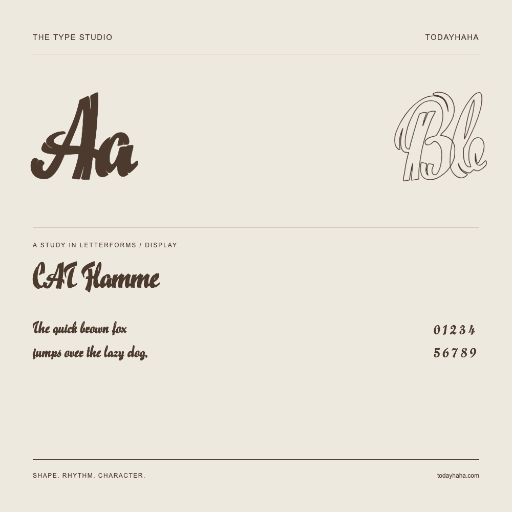 CAT Flamme — Letterform study with sample sentence and numbers