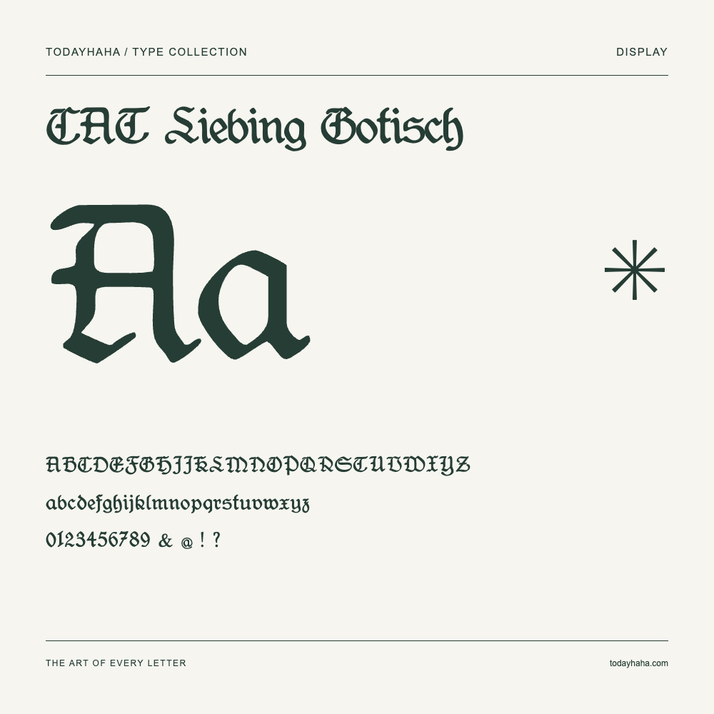 CAT Liebing Gotisch — Font specimen with uppercase and lowercase letters and numbers