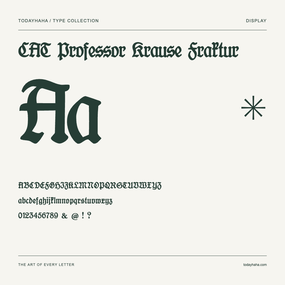 CAT Professor Krause Fraktur — Schriftmuster mit Großbuchstaben, Kleinbuchstaben und Ziffern