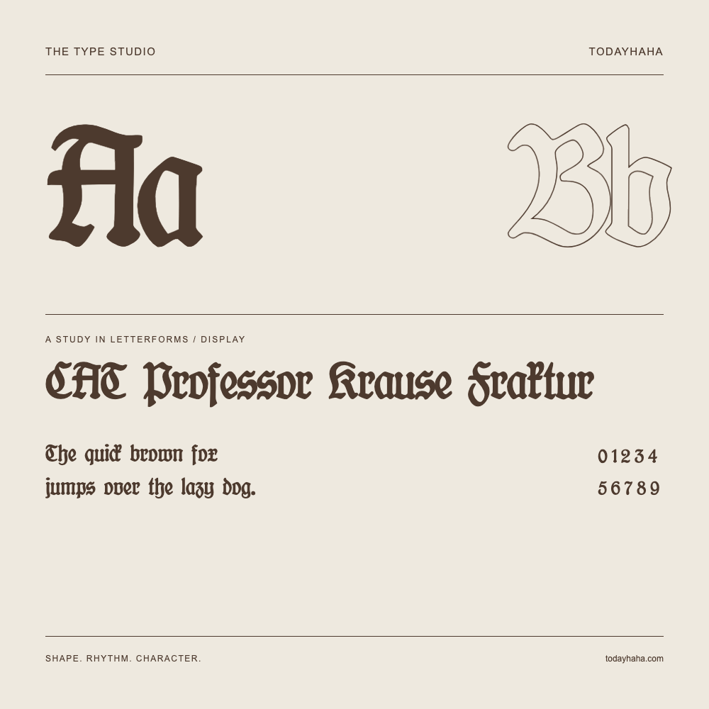 CAT Professor Krause Fraktur — Buchstabenstudie mit Beispielsatz und Ziffern