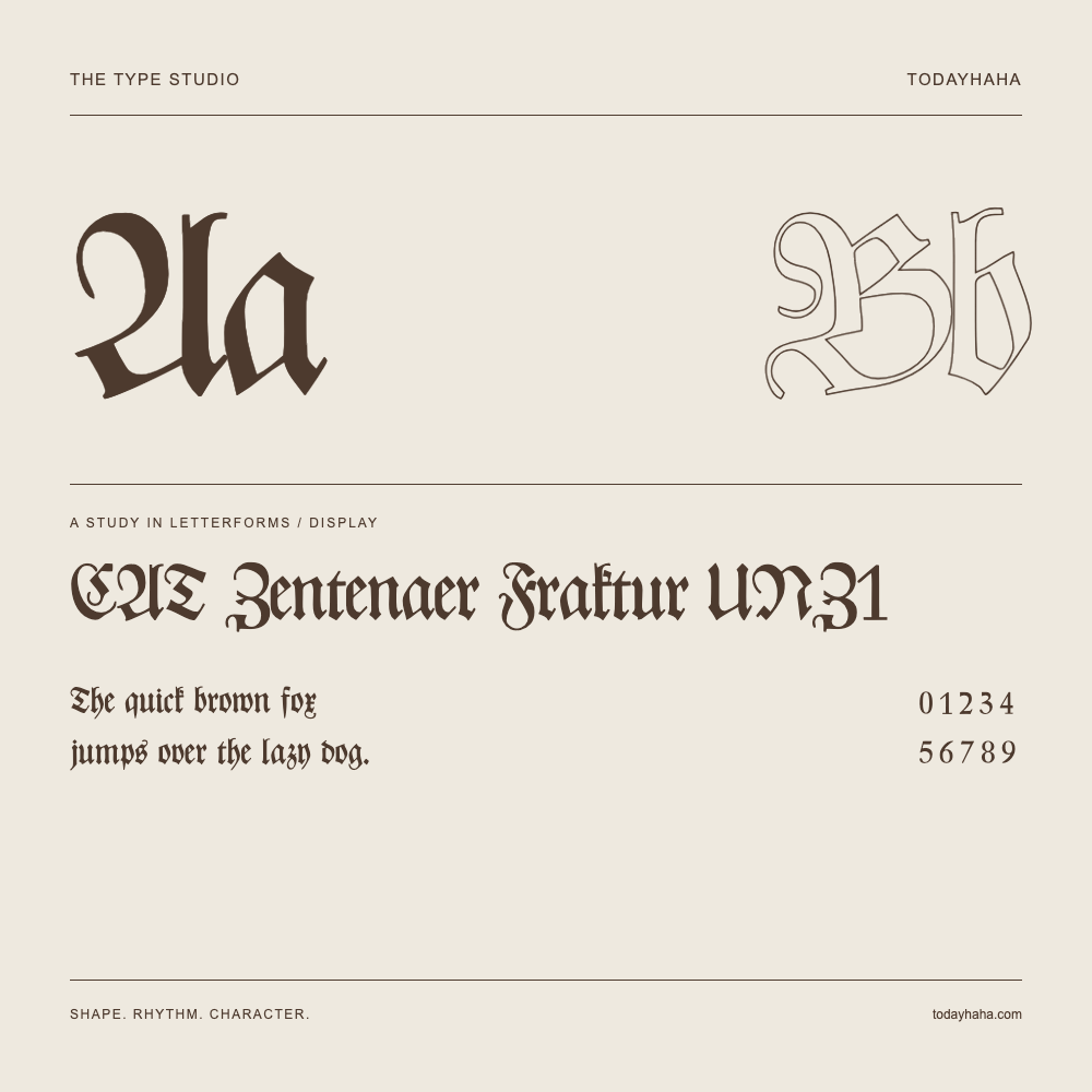 CAT Zentenaer Fraktur UNZ1 — Buchstabenstudie mit Beispielsatz und Ziffern