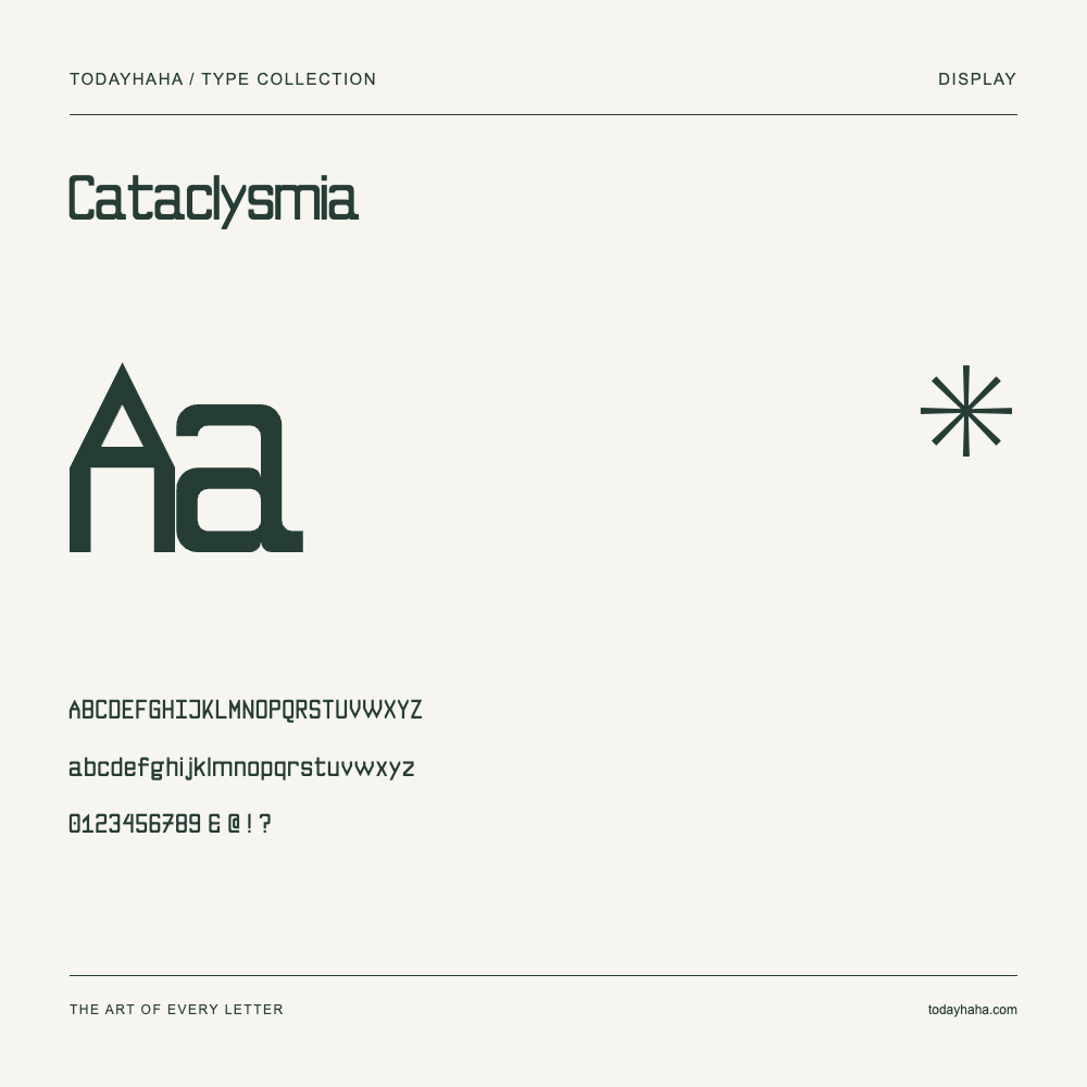 Cataclysmia — Schriftmuster mit Großbuchstaben, Kleinbuchstaben und Ziffern