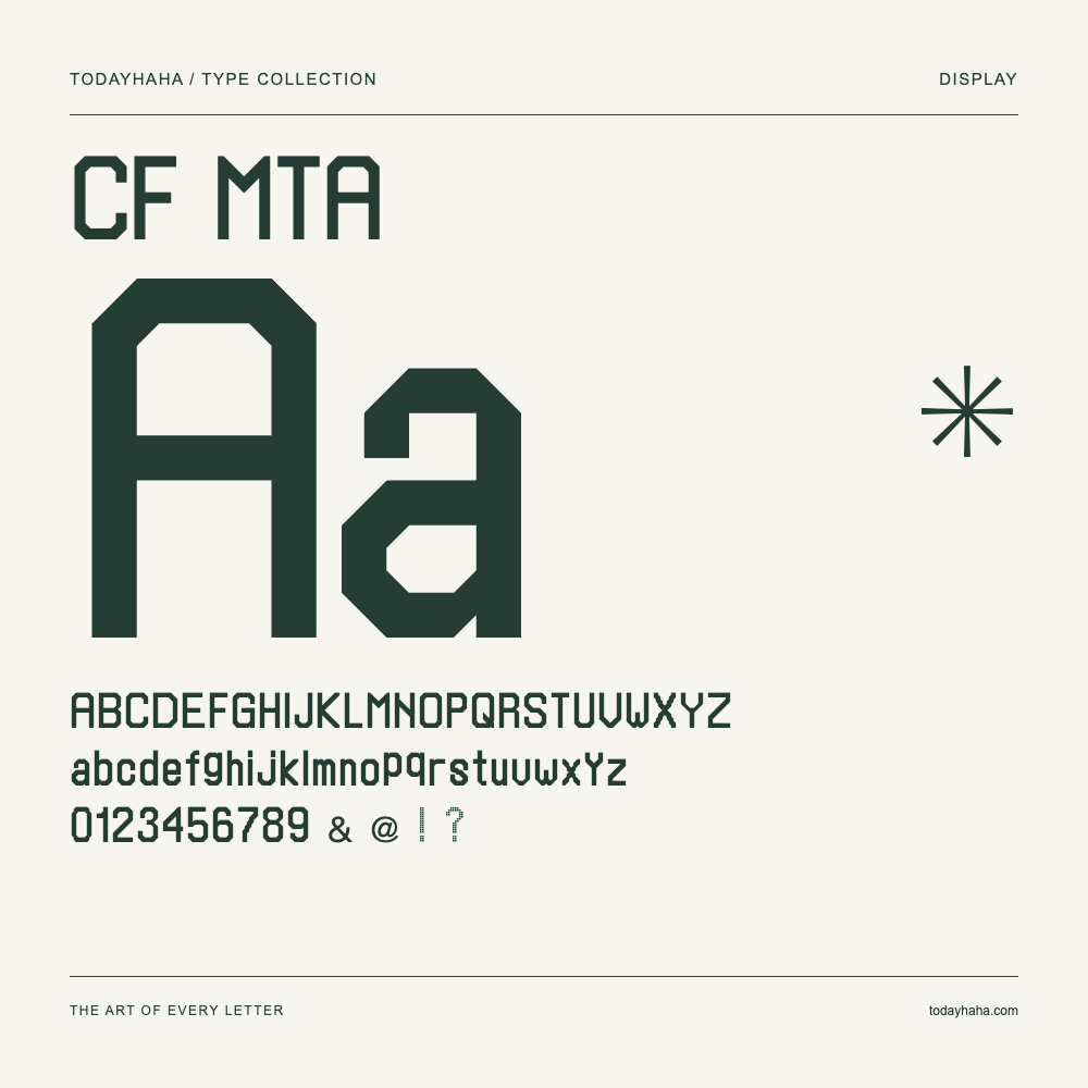 CF MTA — Spécimen avec majuscules, minuscules et chiffres