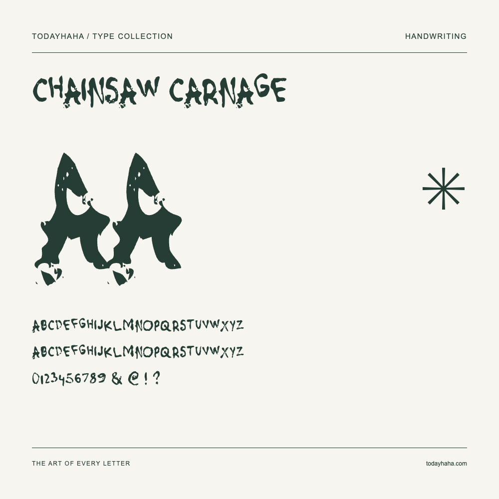 Chainsaw Carnage — Font specimen with uppercase and lowercase letters and numbers