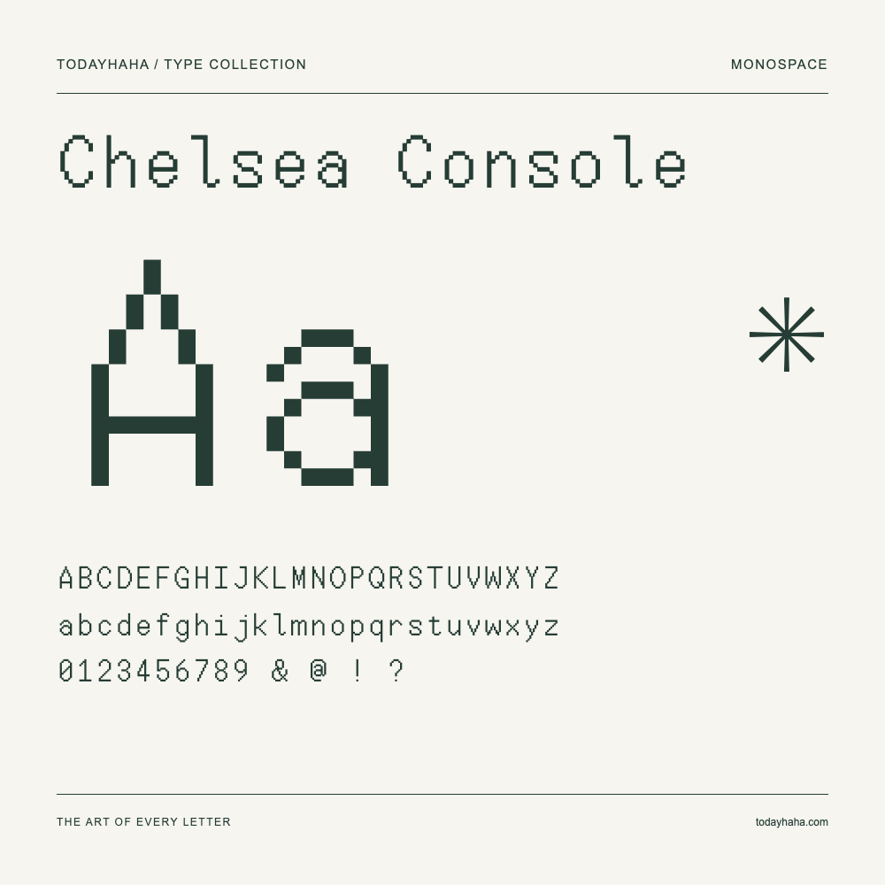 Chelsea Console — Muestra de mayúsculas, minúsculas y números