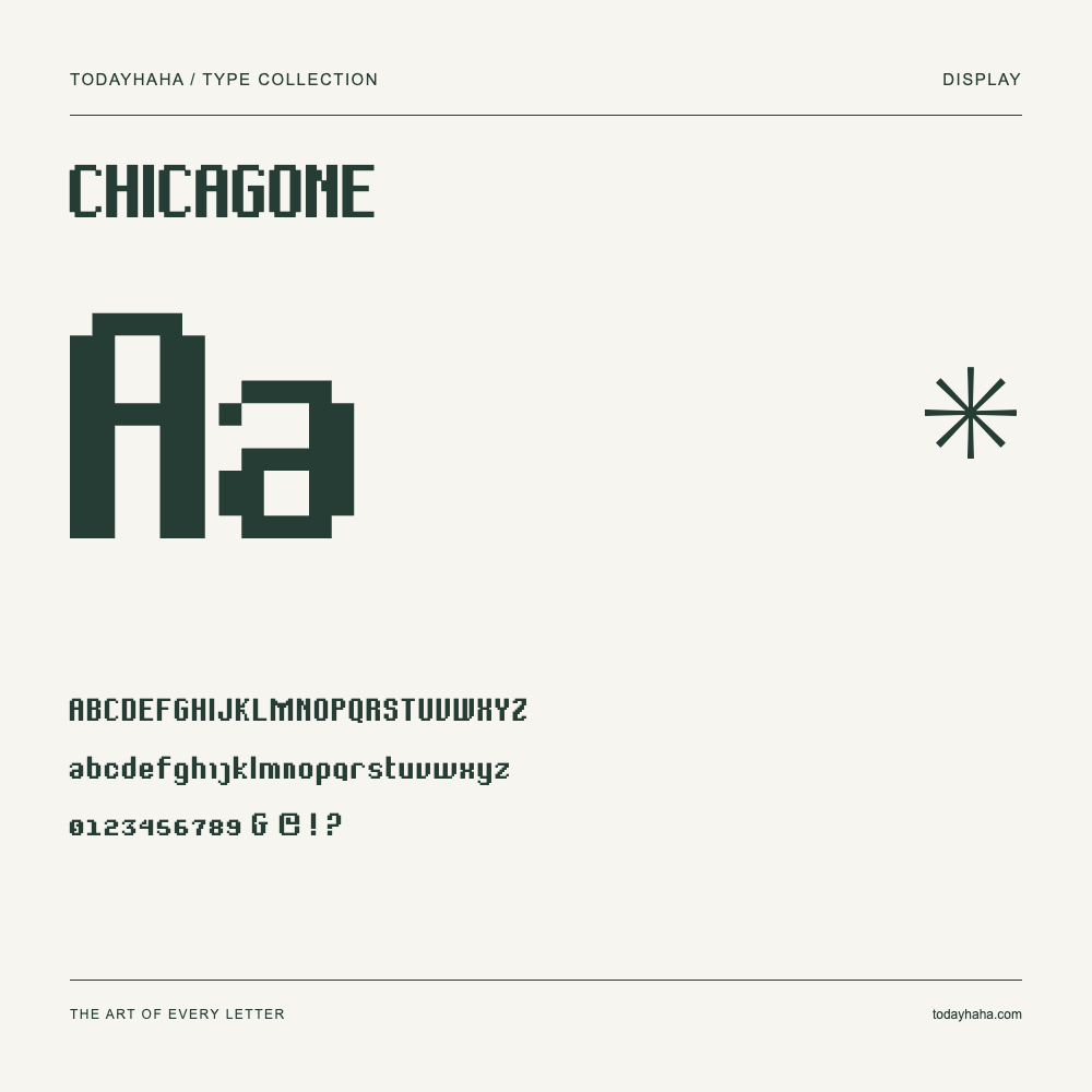 CHICAGONE — Font specimen with uppercase and lowercase letters and numbers