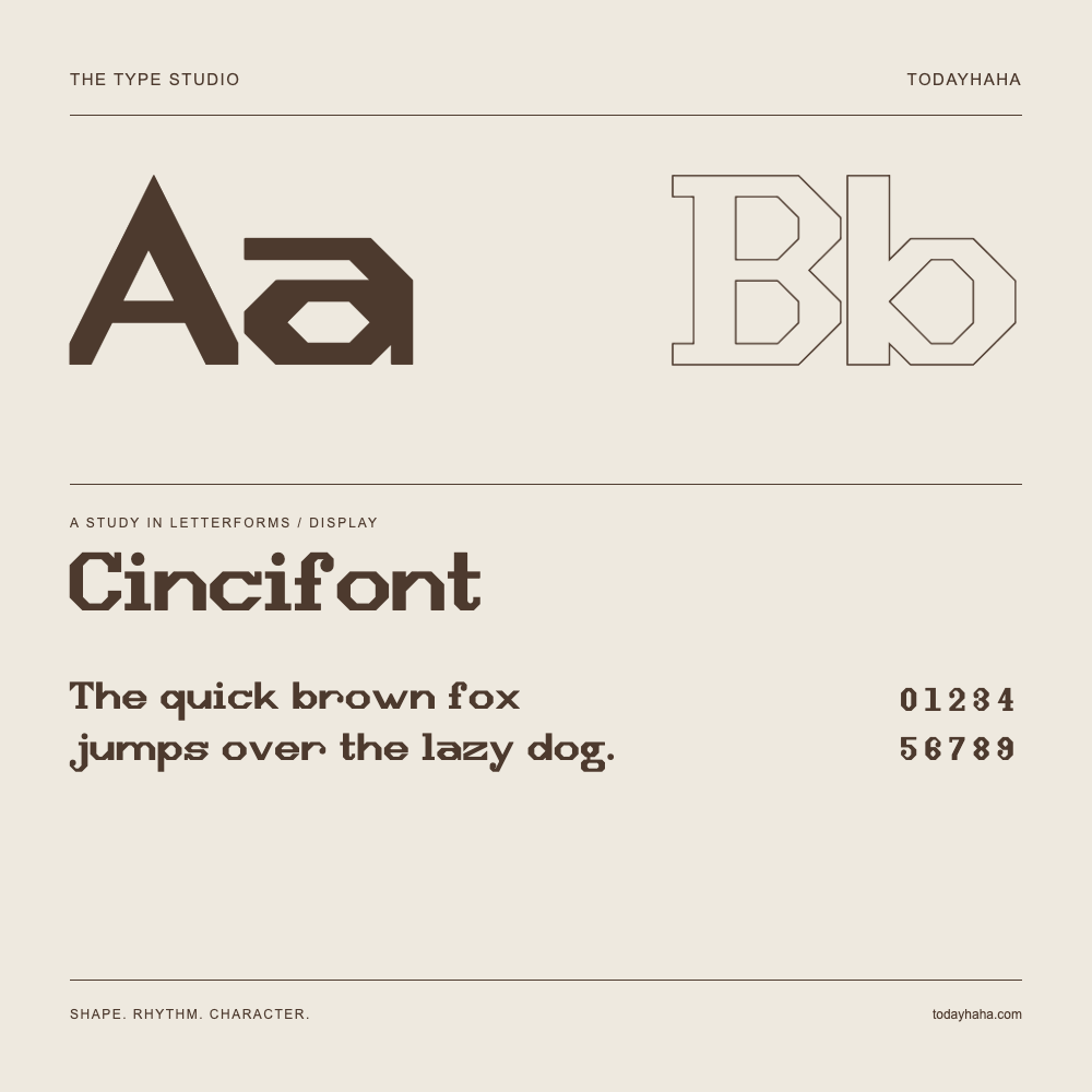Cincifont — Letterform study with sample sentence and numbers