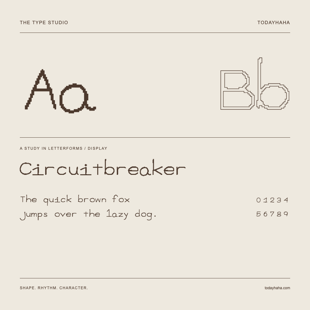 Circuitbreaker — Letterform study with sample sentence and numbers