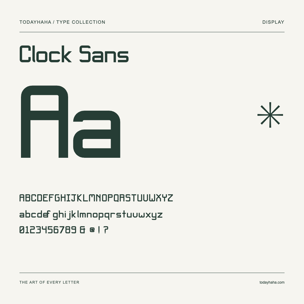 Clock Sans — Campione con lettere maiuscole, minuscole e numeri
