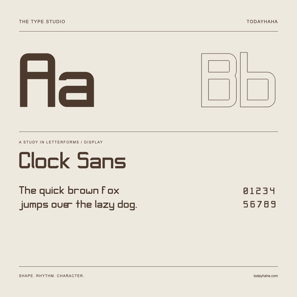 Clock Sans — Studio delle lettere con frase e numeri
