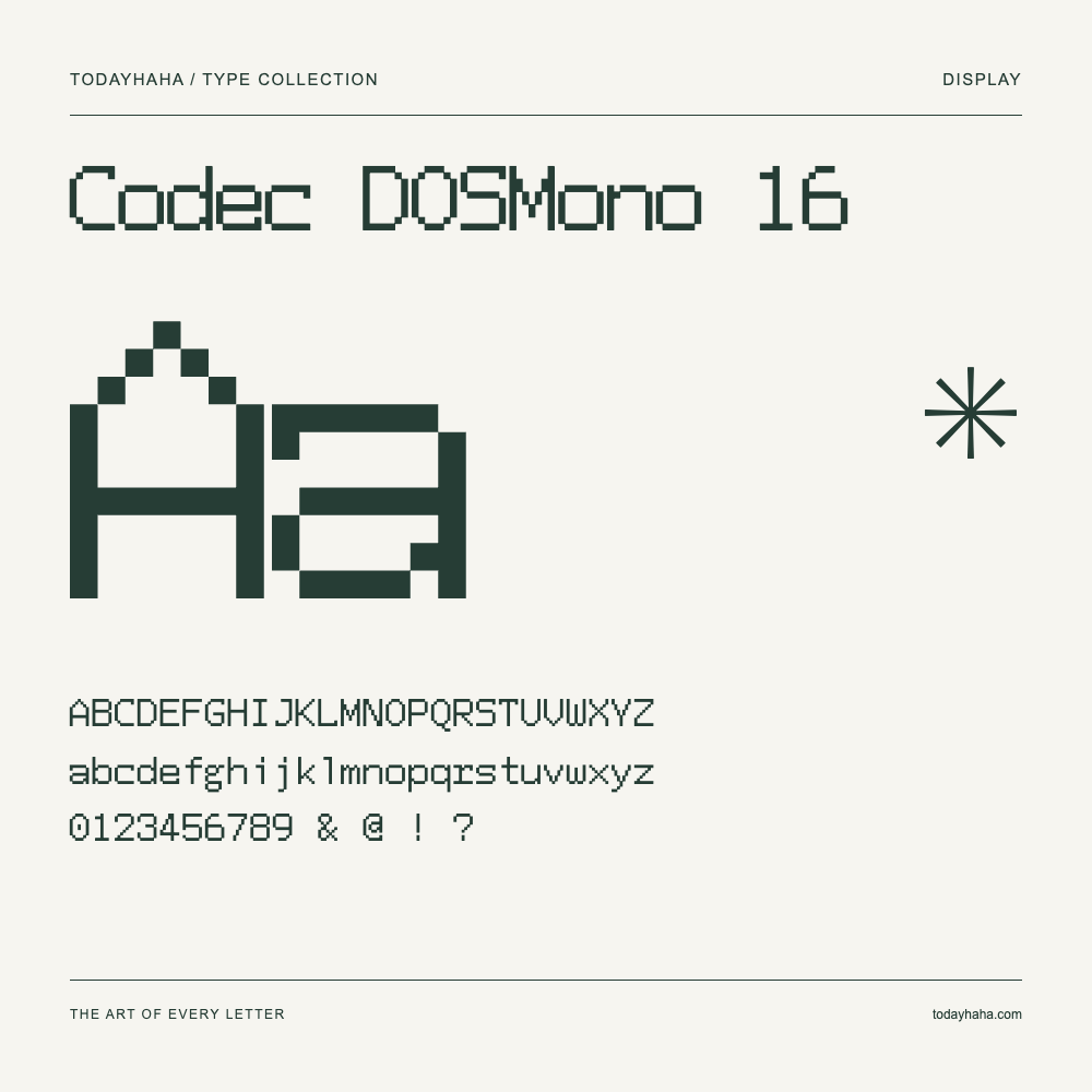 Codec DOSMono 16 — Font specimen with uppercase and lowercase letters and numbers