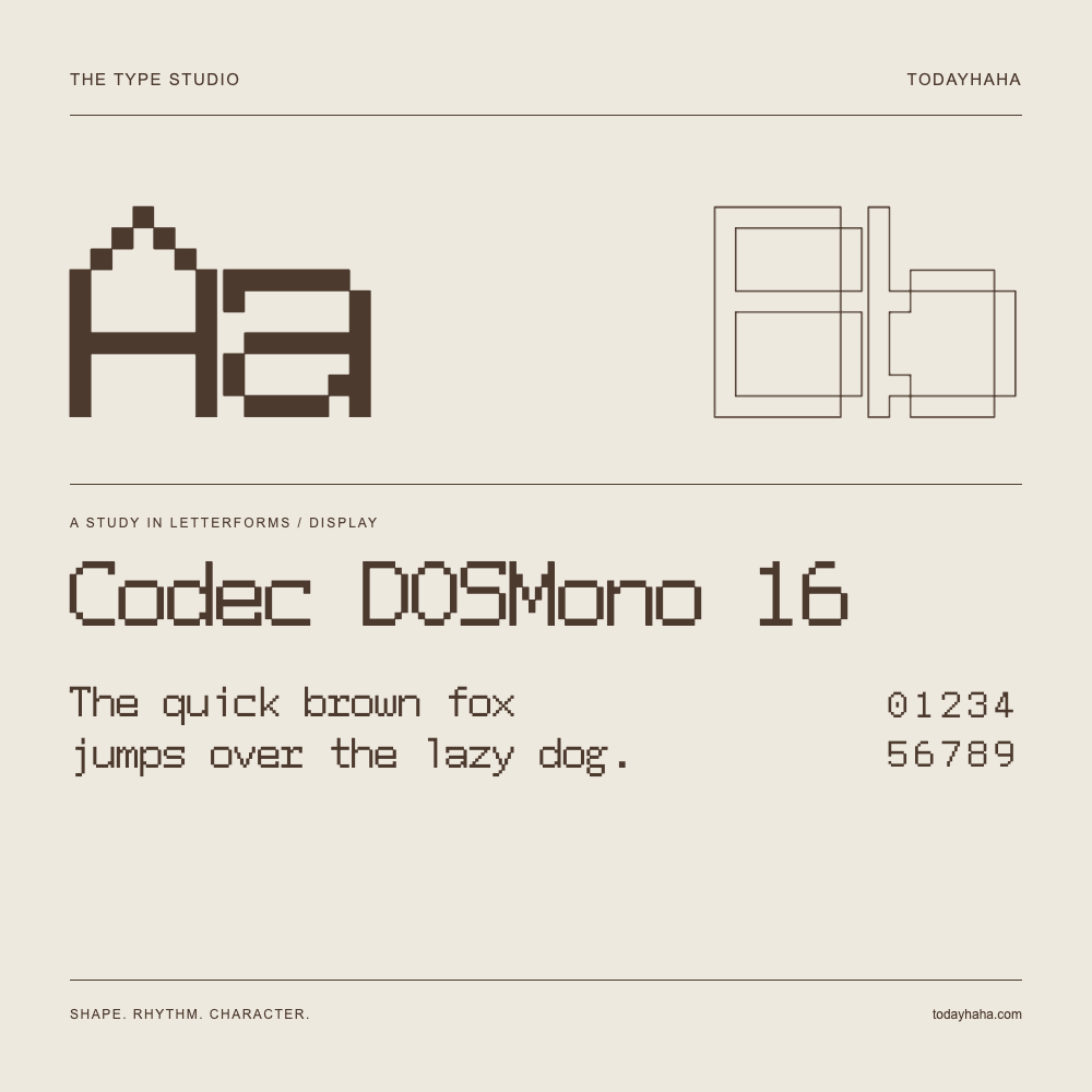 Codec DOSMono 16 — Letterform study with sample sentence and numbers